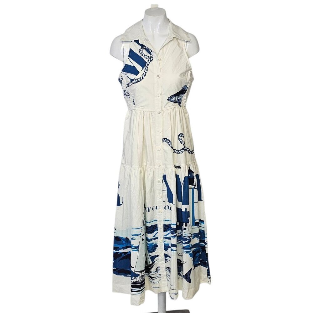 Anthropologie Maeve Sleeveless Midi Shirt Dress, Nautical, Smocked, Button, XS